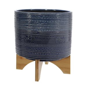 11 in. Blue Ceramic Dotted Planter with Wooden Base