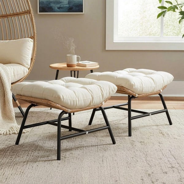 2-Pack Armless Wicker Outdoor Ottomans with Beige Cushions, Metal Frame Patio Footrest for Backyard and Garden