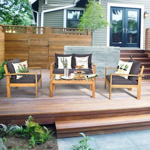 4-Piece Acacia Wood Patio Conversation Set with Water Resistant Gray Cushions