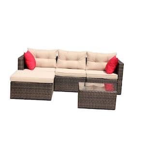 Brown 5-Piece Wicker Outdoor Sectional Set with Shallow Brown Cushions