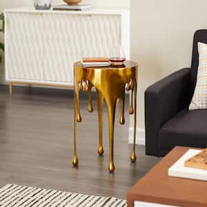 16 in. Gold Drip Large Round Glass End Table with Melting Design and Shaded Glass Top