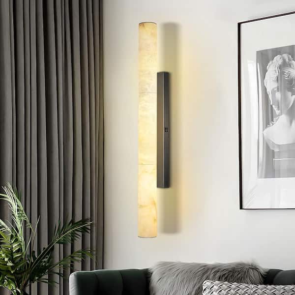 PUYRNF 35.8 in. 3-Light Dimmable Black LED Wall Mounted Wall Alabaster Sconce with Alabaster Shade for Bedroom(set of 1)