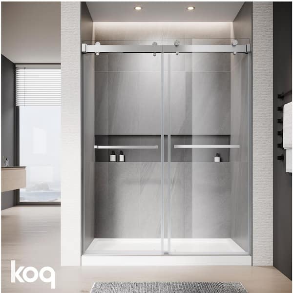 60 in. W x 72 in. H Soft Closing Double Sliding Frameless Shower Door in Brushed Nickel with 3/8" Clear Tempered Glass
