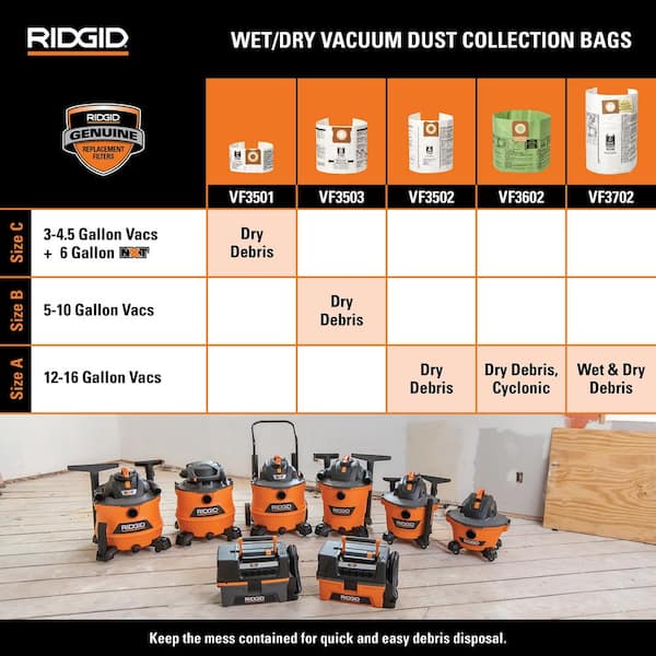 High-Efficiency Size A Dust Bags for 12 Gal. to 16 Gal. RIDGID Wet/Dry Vacs (2-Pack) High-Efficiency Size A Dust Bags for 12 Gal. to 16 Gal. RIDGID Wet/Dry Vacs (2-Pack)