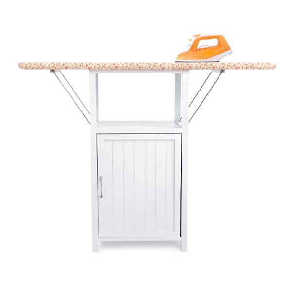 Fold-Out Ironing Board Cabinet with Solid Wood Frame, Storage Space and Heat-Resistant Cotton Cover, White