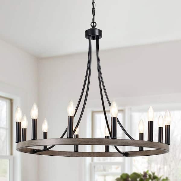 12-Light Black and Imitation Wood Grain Modern Adjustable Height Light Fixture Wagon Wheel Chandelier
