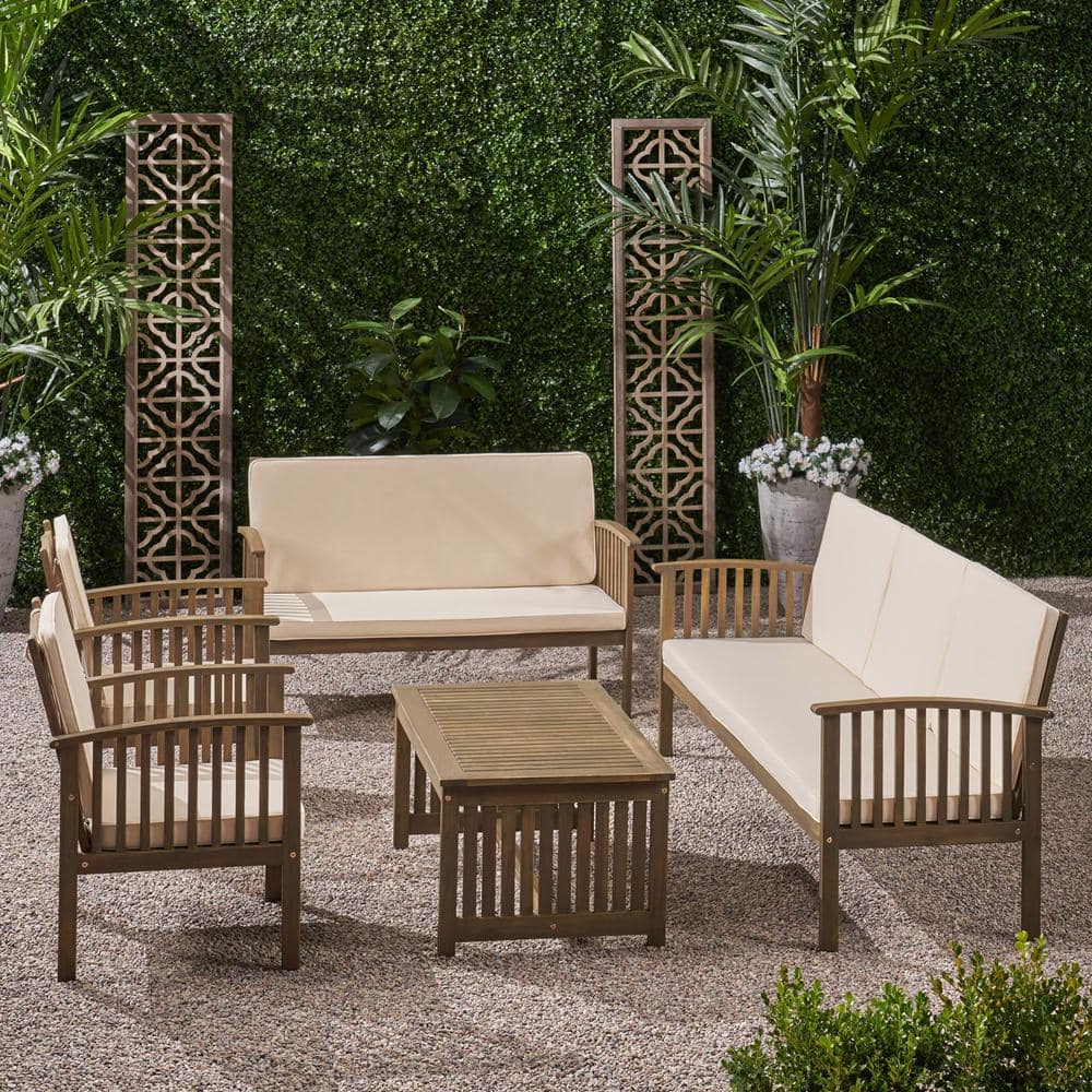 Carolina Luxe 5-Piece Gray Acacia Wood Outdoor Sectional with Cream Cushions
