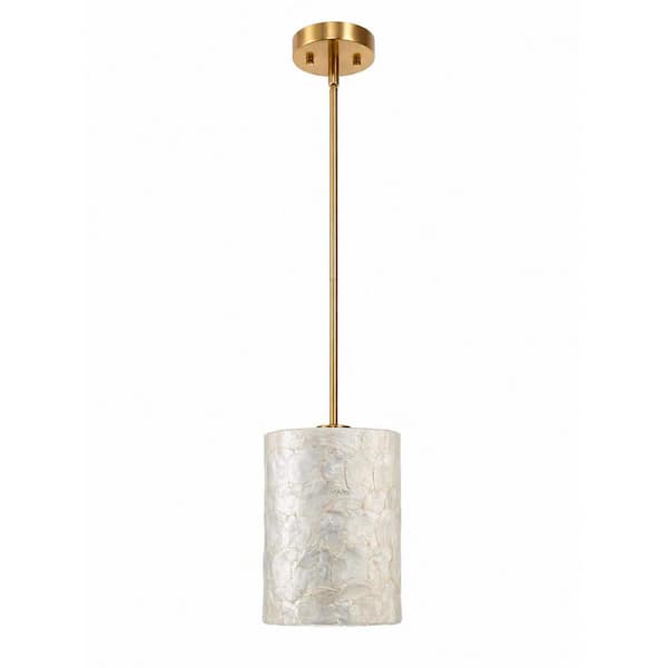 1-Light Polished Gold Pendant Light with Shell Slice Shade, E26 Base Adjustable Rod for Kitchen Island and Dining Room