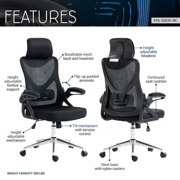 Technimobili black high back executive mesh office discount chair with armslumbar support and chrome base