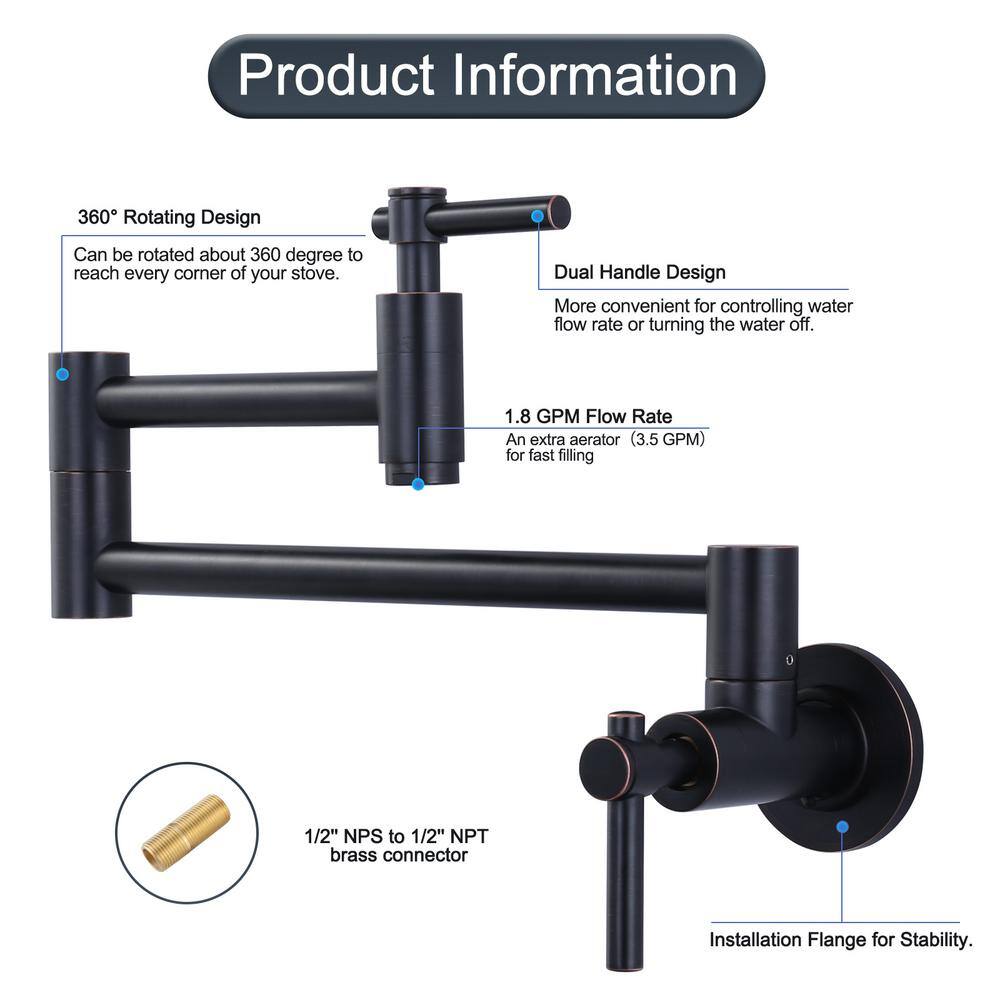 Oil Rubbed Bronze Wall Mount Double Handle Pot Filler Faucet