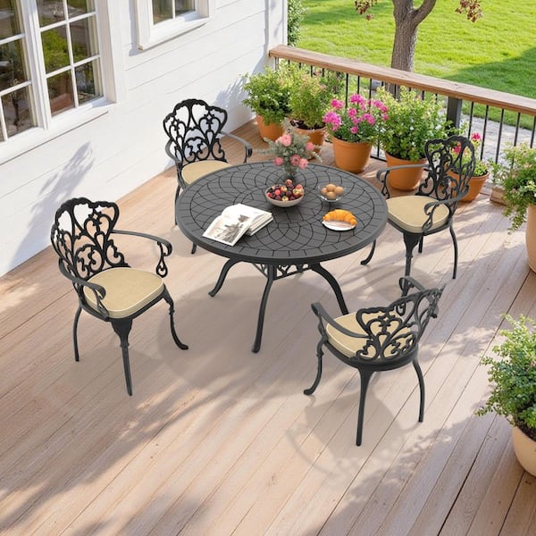 5-Piece Black Cast Aluminum Outdoor Dining Set with Off-White Cushions