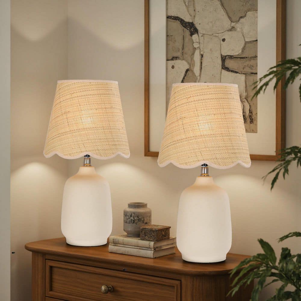 Uixe 18.9 in. Cream Ceramic Table Lamp Set with Rattan Shade and Cable for Bedroom Nightstand and Living Roomand (Set of 2) SSL-2002CR-2PK