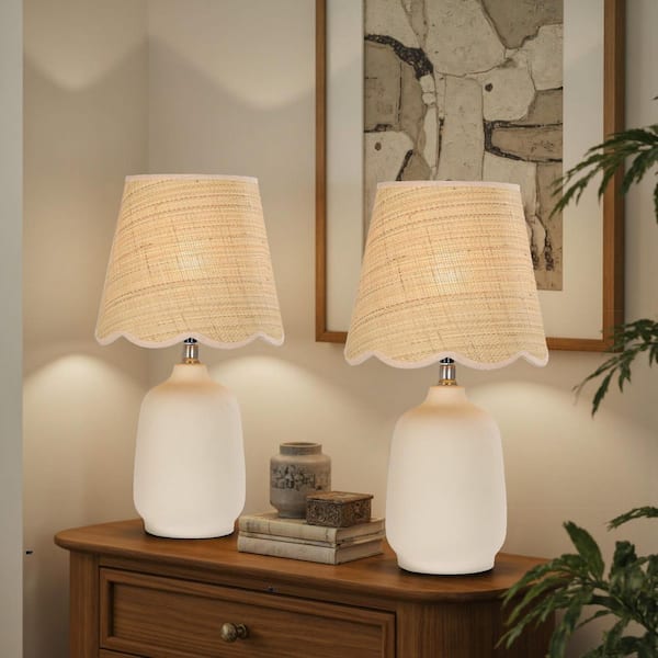 18.9 in. Cream Ceramic Table Lamp Set with Rattan Shade and Cable for Bedroom Nightstand and Living Roomand (Set of 2)