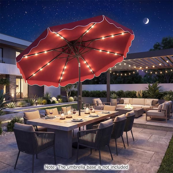 6' patio umbrellas JOYESERY 10 ft. x 6.5 ft. Solar LED Rectangle Market Patio Umbrellas with  Solar Lights Tilt Button in Light Tan J-UM-328M-LED