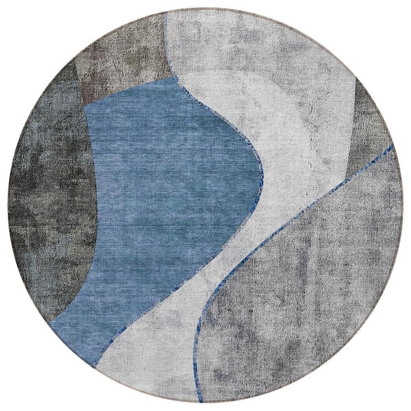 Denim Blue, Sky Blue 8 ft. Round Woven Abstract Polyester Round Indoor/Outdoor Area Rug