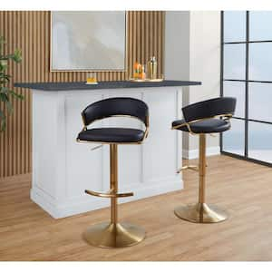 Jie 32.5 in. Black Faux Leather and Gold Metal Adjustable Metal Bar Stool with Rounded T-Footrest (Set of 2)