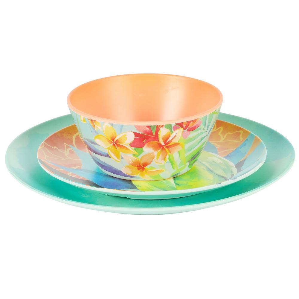 Laurie Gates Tropical Parrots 12 Piece Colorful Melamine Dinnerware Set