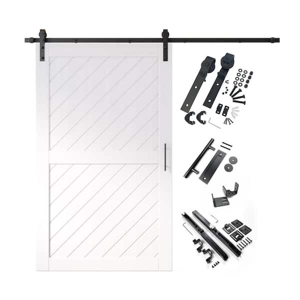 HOMACER XT1 50 in. x 80 in. C-Panel White Slanted Stripe Design Solid Pine Wood Sliding Barn Door with Hardware Kit