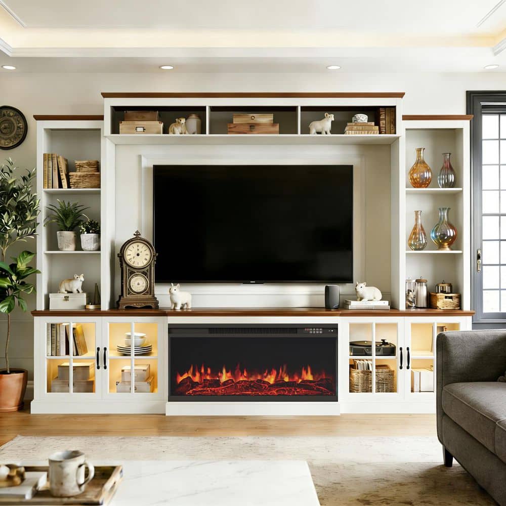 lhb　FireTV 2セット Sizzim 98 in. Freestanding Modern Electric Fireplace TV Stand with