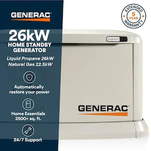 26,000 Watt - Dual Fuel Air- Cooled Whole House Home Standby Generator, Smart Home Monitoring & 200-AMP Transfer Switch