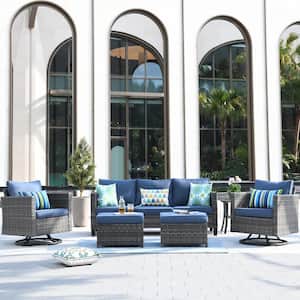 New Vultros Gray 6-Piece Wicker Outdoor Patio Conversation Set with Denim Blue Cushions and Swivel Rocking Chairs
