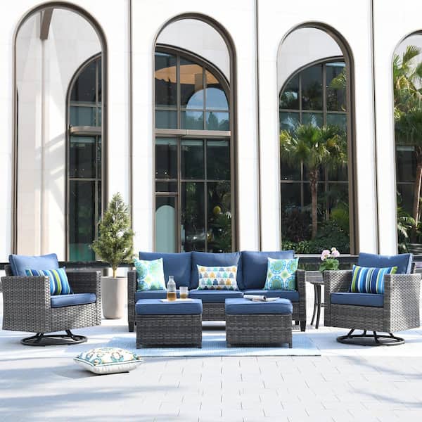 OVIOS New Vultros Gray 6-Piece Wicker Outdoor Patio Conversation Set with Denim Blue Cushions and Swivel Rocking Chairs