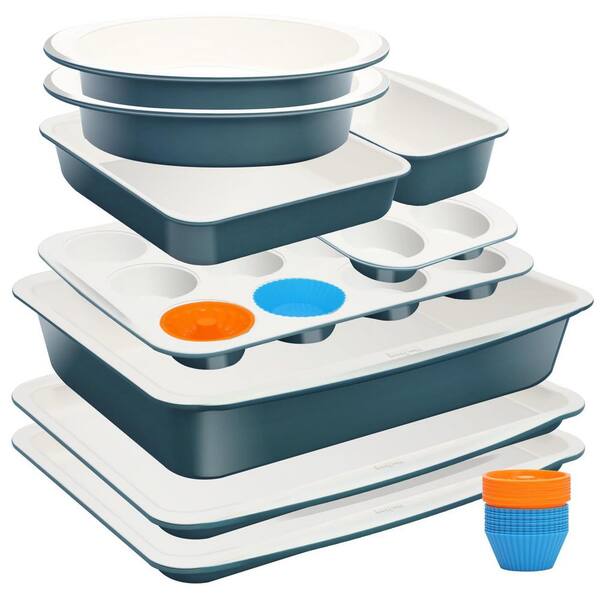 33-Piece Blue Ceramic Nonstick Baking Pans Set, Non Toxic Stackable Bakeware Sets, 550°F Oven Safe, Dishwasher Safe