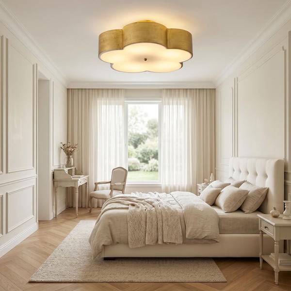19 in. 5-Light Large Flower Vintage Gold Metal Semi-Flush Mount with Shade