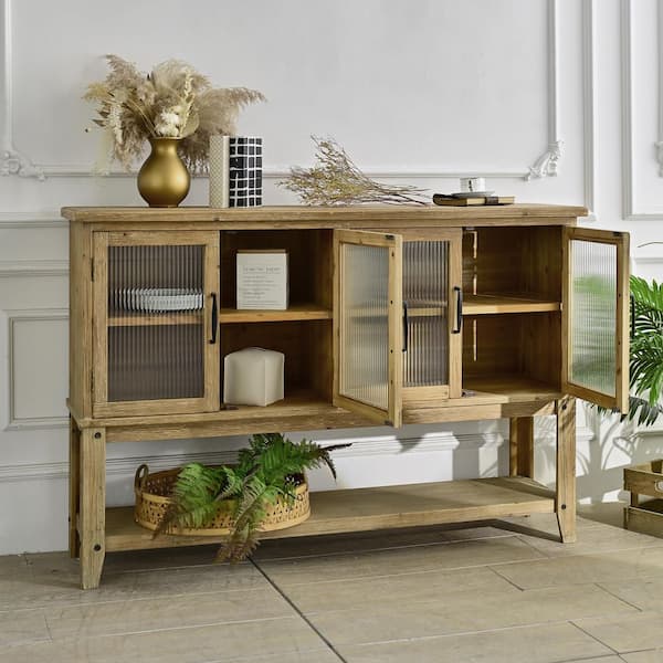 Olympia Rustic Natural Wood Buffet Sideboard Cabinet with Glass Doors and Open Storage