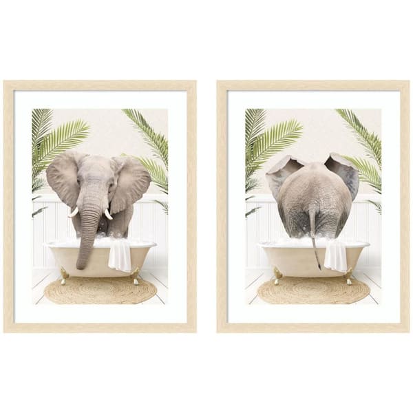 2-Piece Woodgrain "Elephant Palm Bathtub" by Amy Peterson Animals Framed Art Print Set 26 in. x 41 in.
