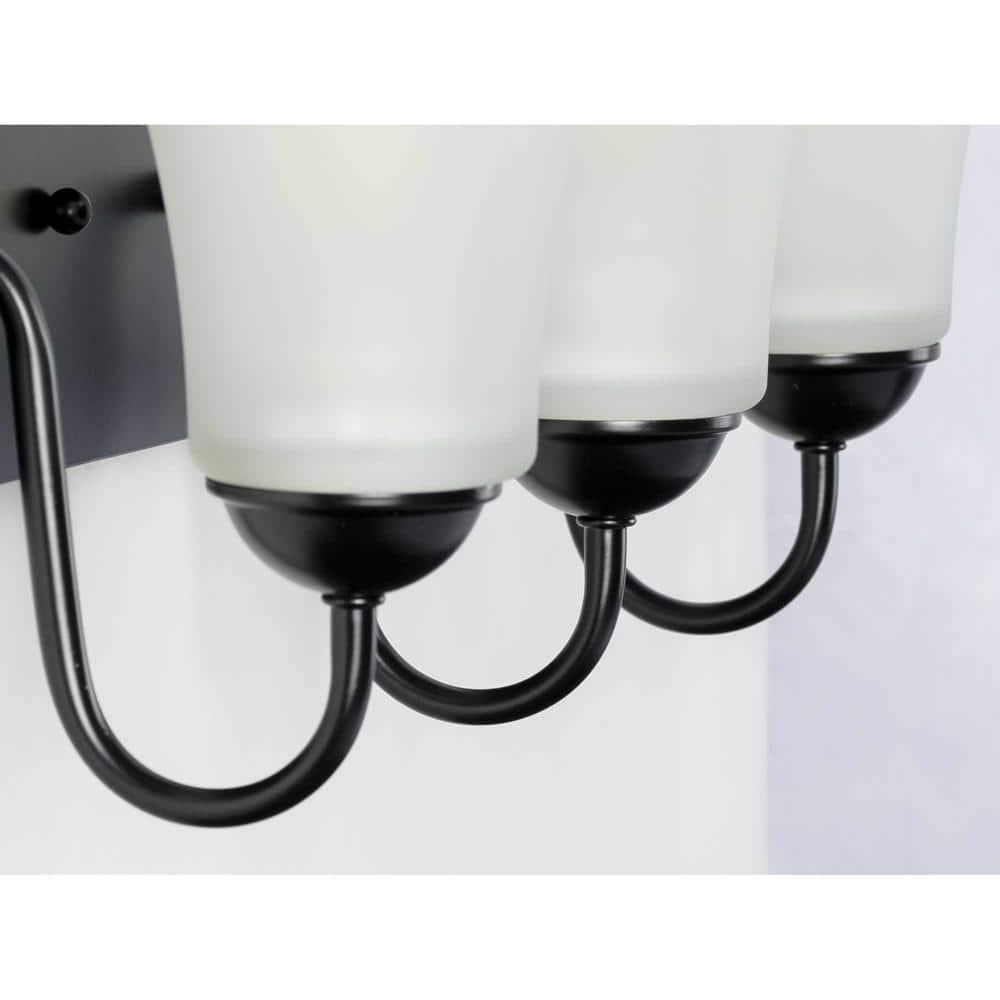 Matte Black Three-Light Bath Vanity with Etched Glass Shades