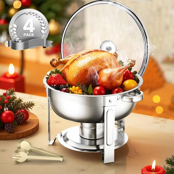 Chafing Dish Buffet Set, 5 qt. 4-Pack, Silver, Stainless Steel Chafing Dishes and Accessories, Round Catering Warmer