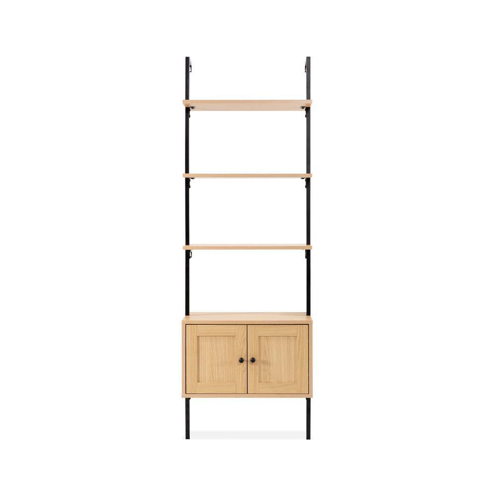 Light Oak and Black Wall-Mounted Ladder Bookcase with Cabinet