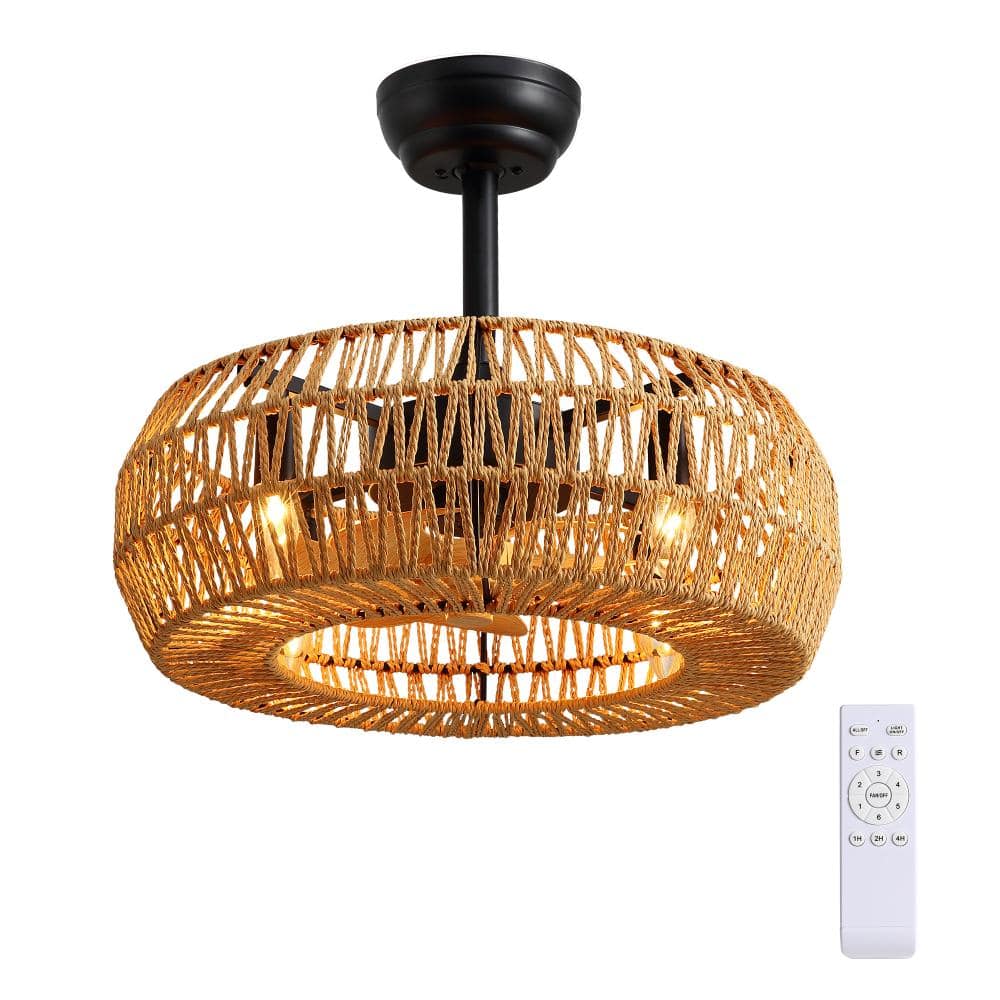 LuminFan 20 in. Indoor Tan Rattan Hemp Rope Boho Caged Ceiling Fan with ...