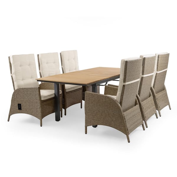 Mackay 7-Piece FSC Teak Wood Rectangle Outdoor Dining Set with Beige Cushions and Self-Storing Butterfly Leaf