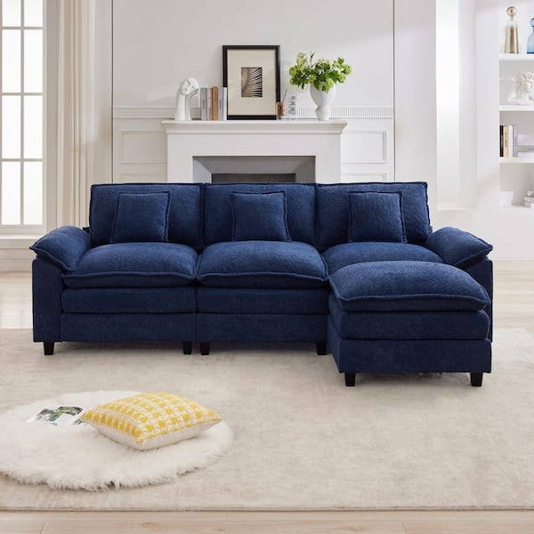 105.9 in. Chenille Fabric 4-Seat Pillow Top Arm L-Shaped Secitonal Sofa with Ottoman in Navy