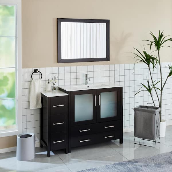 48 in. W x 18 in. D x 36 in. H Bathroom Vanity in Espresso with Single Basin Vanity Top in White Ceramic and Mirror