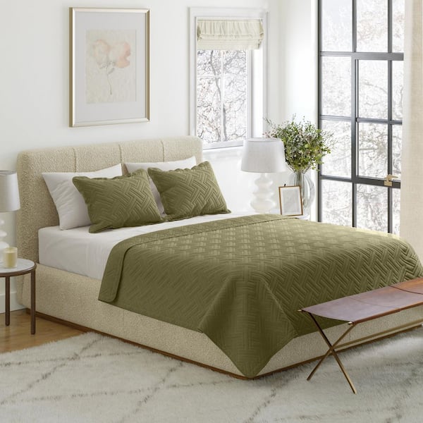 3PC King Quilt Set with Shams, Green