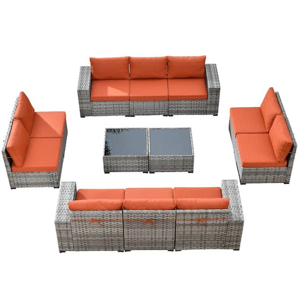Beatrice 13-Piece Wicker Patio Rectangle Fire Pit Conversation Set with Orange Red Cushions
