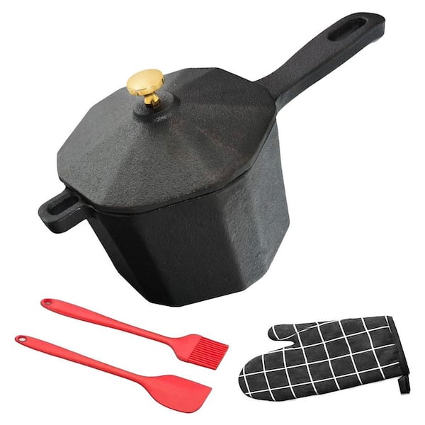 1-Piece Cast Iron Sauce Pan Set with Lid, Silicone Brush, Spatula & Gloves, Stovetop/Oven/Grill Safe