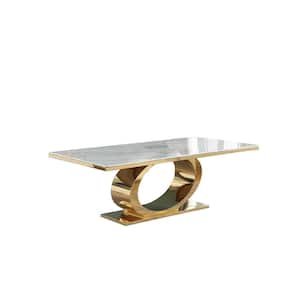 Ibraim White Marble/Silver 44 in. in Pedestal Polished Gold Stainless Steel Dining Table Seating 8 Capacity