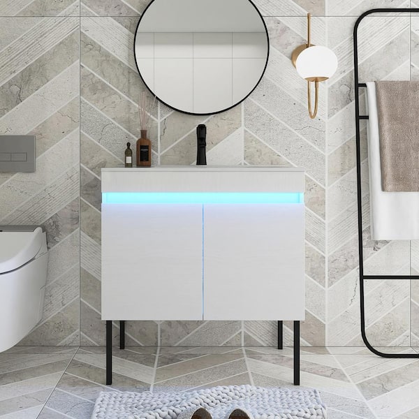JimsMaison 30 in. W x 18 in. D x 32 in. H Single Sink Freestanding Bath Vanity in White with White Ceramic Top
