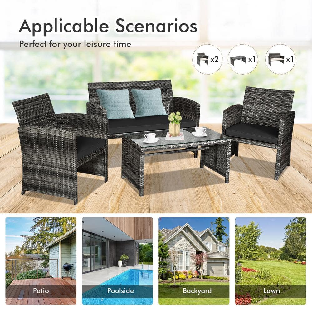 Black 4-Piece Rattan Patio Furniture Set with Glass Table
