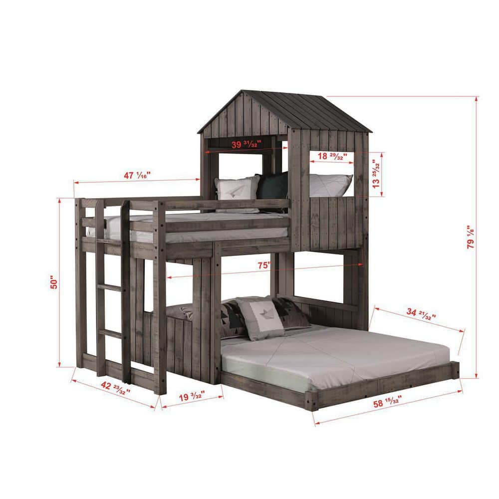 Rustic Gray Pinewood Twin Over Full Loft Bunk Bed with Drawers