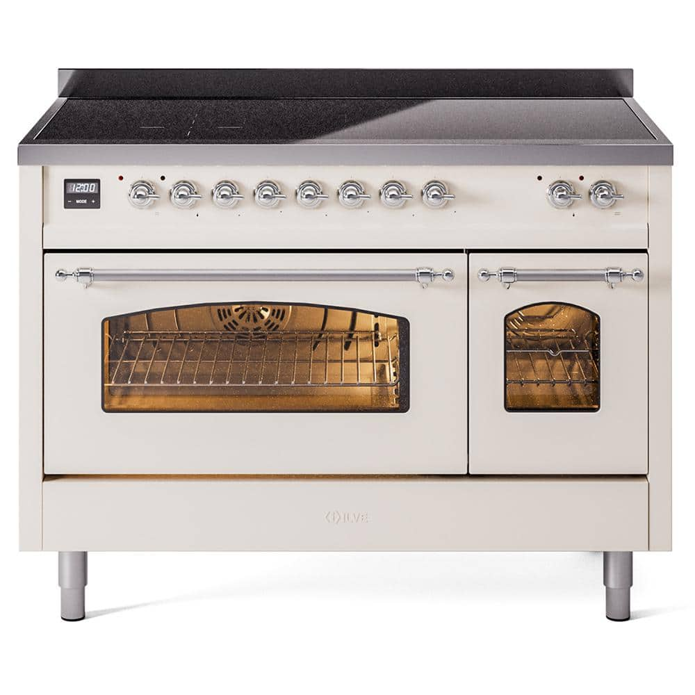 Nostalgie 48 in. 6 Zone Freestanding Double Oven Induction Range in Antique White with Chrome Trim -  ILVE, UPI486NMPAWC