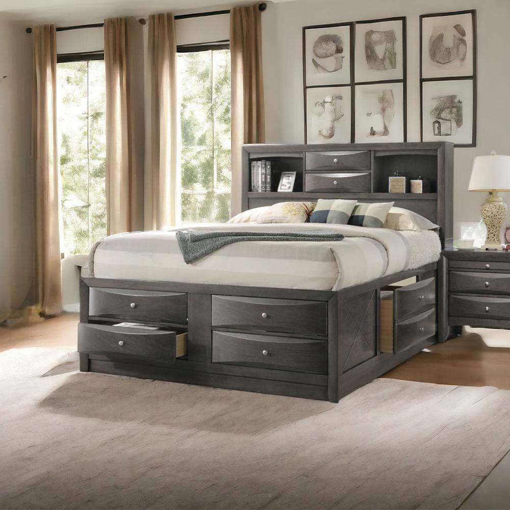 Gray Oak Upholstered King Captain's Bed with Bookcase Storage