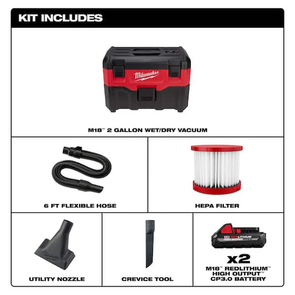M18 18-Volt 2 Gal. Lithium-Ion Cordless Wet/Dry Vacuum with 2 M18 HIGH OUTPUT 3.0 Ah Batteries