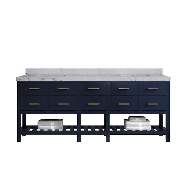 Willow Collections Parker 84 in. Double Sink Freestanding Navy Blue Bath Vanity with Venatino Quartz Top Unassembled