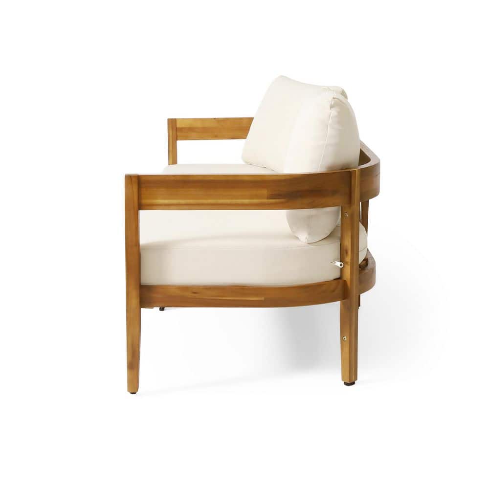 Noble House Burrough Teak Wood Outdoor Couch with Beige Cushions - 2