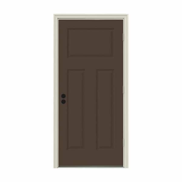 JELD-WEN 32 in. x 80 in. 3-Panel Craftsman Dark Chocolate Painted Steel Prehung Left-Hand Outswing Front Door w/Brickmould